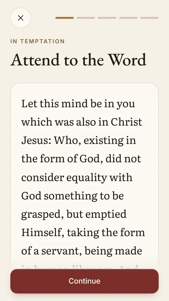 Flee&rsquo;s first step, Attend to the Word, with Philippians 2, Let this mind be in you which was also in Christ Jesus, and a Continue button.