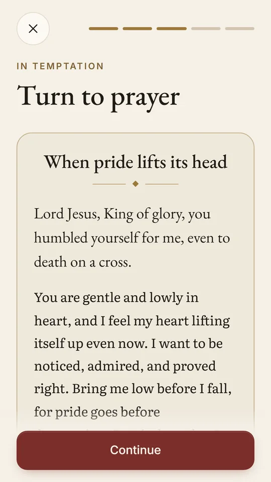 Flee&rsquo;s third step, Turn to prayer, with a prayer titled When pride lifts its head that begins Lord Jesus, King of glory, you humbled yourself for me, even to death on a cross.