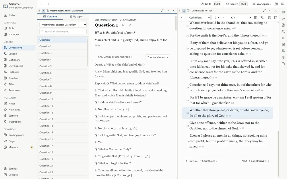 The Westminster Shorter Catechism open at its first question, What is the chief end of man, with Thomas Vincent&rsquo;s commentary on it beneath. One of its proof texts, 1 Corinthians 10:31, which Vincent cites, is open in the next pane.