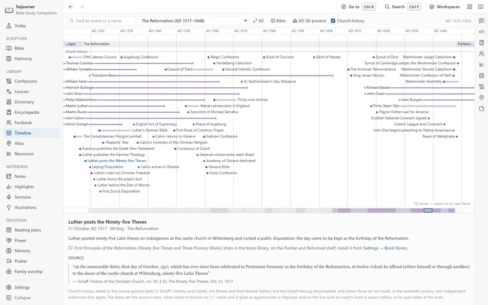 The timeline zoomed to the Reformation, 1517 to 1648, with Luther posts the Ninety-five Theses selected. Below the timeline the event gives its date, 31 October 1517, says what happened, notes that the Ninety-five Theses are on the Puritan and Reformed shelf, and quotes the passage in Schaff&rsquo;s History of the Christian Church, volume VII, that dates it.