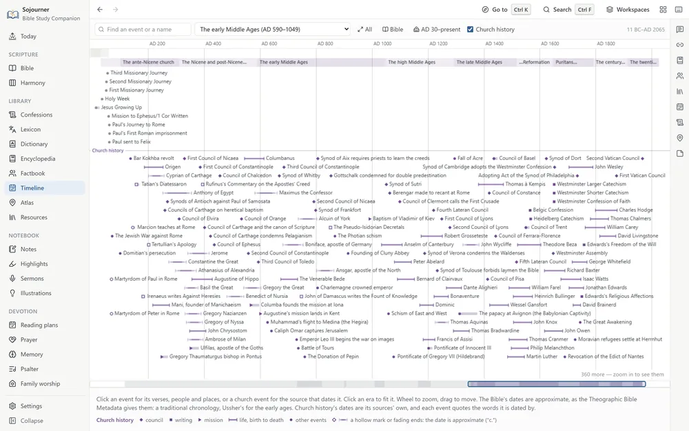 The timeline from the early church to the present with Church history checked. Under the eras, from the ante-Nicene church to the twentieth century, the church&rsquo;s events run in purple, from the First Council of Nicaea, Athanasius, and Augustine to the Synod of Dort, the Westminster Assembly, and Jonathan Edwards. An overview strip runs along the foot, and a key marks councils, writings, missions, and lives.