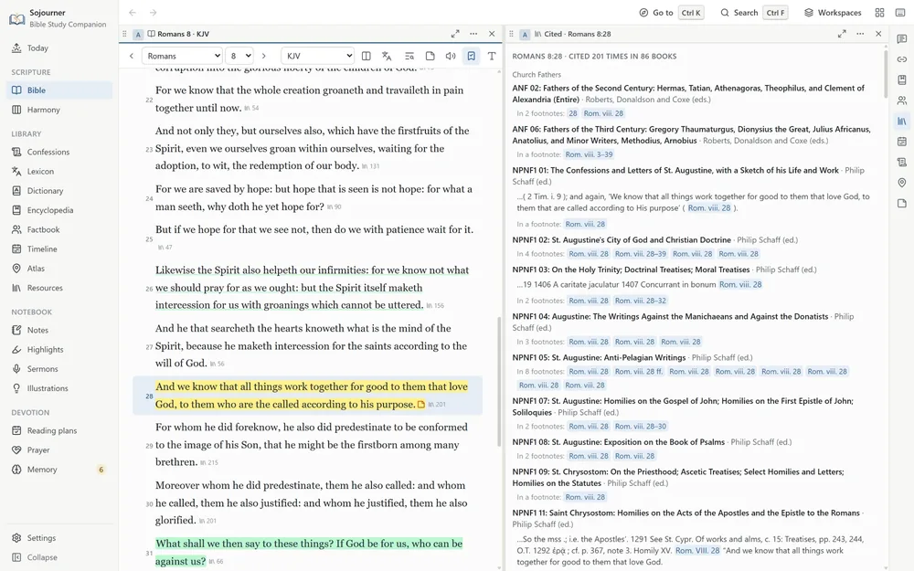 Romans 8 in the King James with verse 28 highlighted, and beside it the Cited pane for Romans 8:28, cited 201 times in 86 books. Under the Church Fathers it lists each volume that cites the verse, among them Augustine&rsquo;s Confessions and City of God and Chrysostom&rsquo;s homilies, with the footnote or passage where each one does.