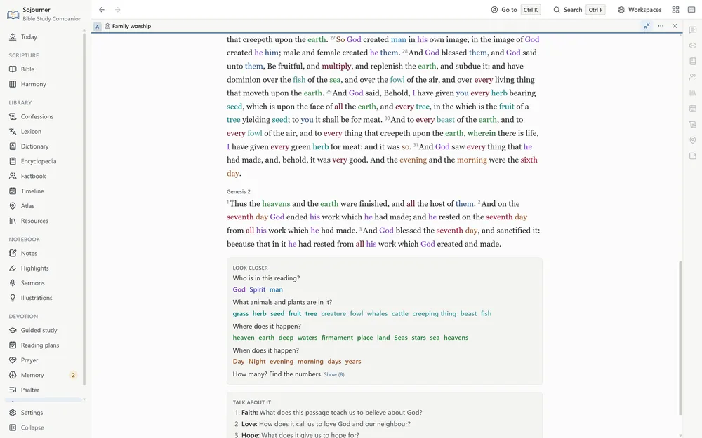 The Family worship page after a reading from Genesis 1 and 2, with Color text on. Under the reading, Look closer asks Who is in this reading, What animals and plants are in it, Where does it happen, and When does it happen, each with its colored answers shown, and How many, with the numbers still hidden behind a Show button.