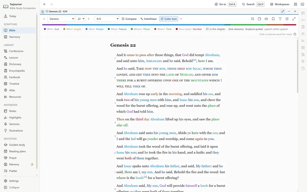 Genesis 22 in the King James with Color text on. God in purple, Abraham and Isaac in blue, Moriah and the mountains in green, early, morning, and the third day in brown and crimson, and God&rsquo;s own words in verse 2 set in small capitals. A thin strip under the toolbar shows how much of the chapter each color holds.