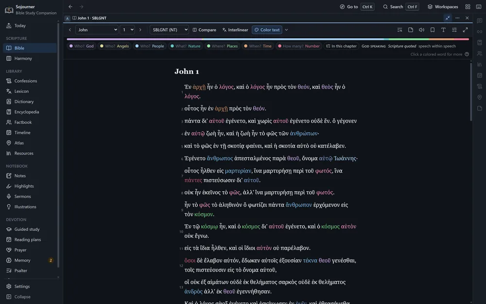 John 1 in the SBL Greek New Testament, in the dark theme, with Color text on. λόγος, the Word, and the pronouns that mean him are in the Son&rsquo;s color, θεός in the Father&rsquo;s, and κόσμος, the world, in green.