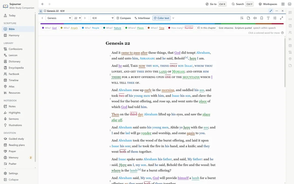 Genesis 22 with Underline each family on. Each colored word also has the line of its family under it, solid, dotted, wavy, dashed, or double, or a line above it.