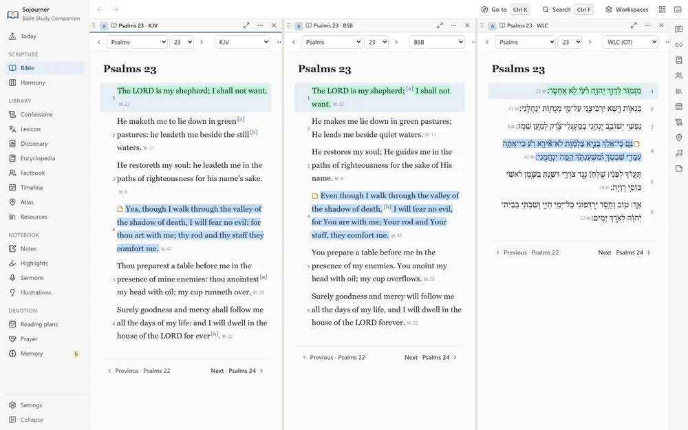 Psalm 23 in three panes side by side, the King James, the Berean Standard Bible, and the Hebrew from the Leningrad Codex reading right to left, with verse 4 highlighted in each.