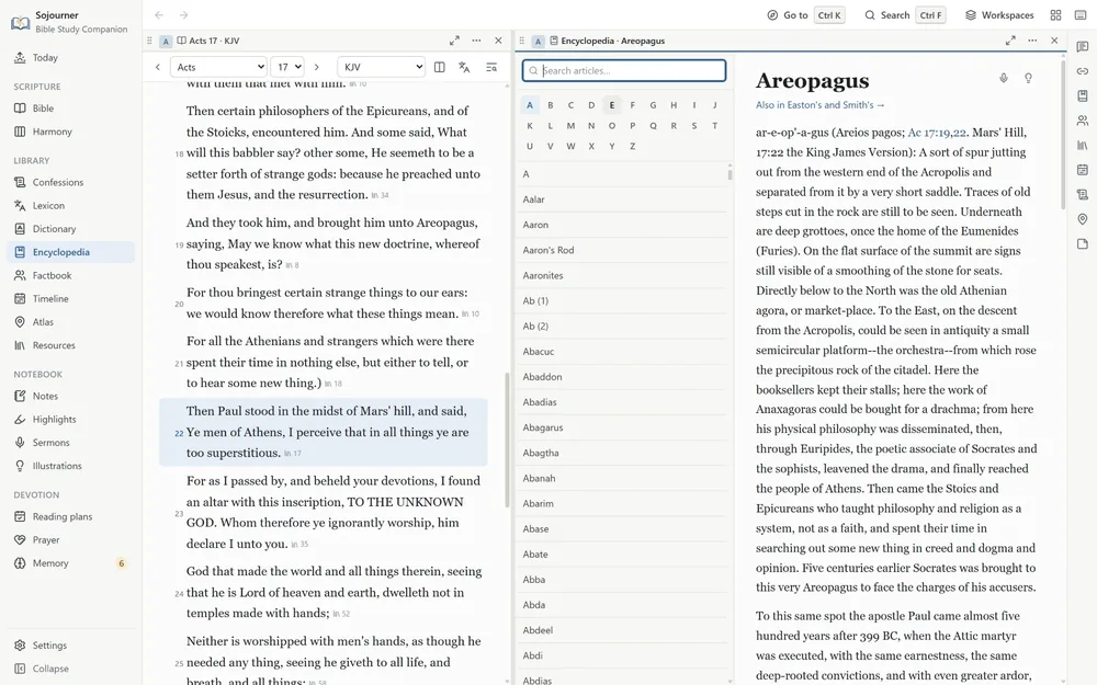 Acts 17 in the King James with verse 22 selected, where Paul stands in the midst of Mars&rsquo; hill, and beside it the International Standard Bible Encyclopedia open at its article on the Areopagus, with an A to Z list of articles and a link to the same entry in Easton&rsquo;s and Smith&rsquo;s.