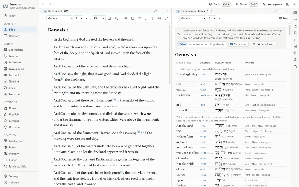 Genesis 1 in the King James beside the interlinear table in Hebrew, the Hebrew set right to left with its vowel points and accents. In the beginning is H7225, a noun, God is H430, and created is H1254, a verb in the qal perfect, third person masculine singular. Above the table are switches for Table, In Hebrew order, and English only, and a Cantillation box that is checked.