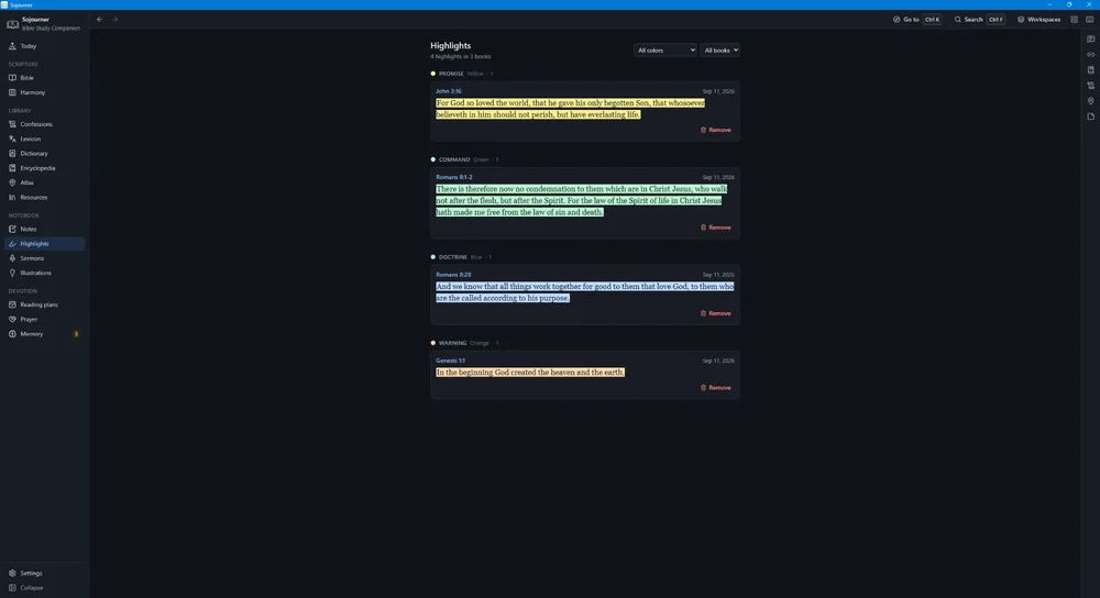 The Highlights view in Sojourner grouping marked verses under named colours, Promise in yellow, Command in green, Doctrine in blue and Warning in orange.