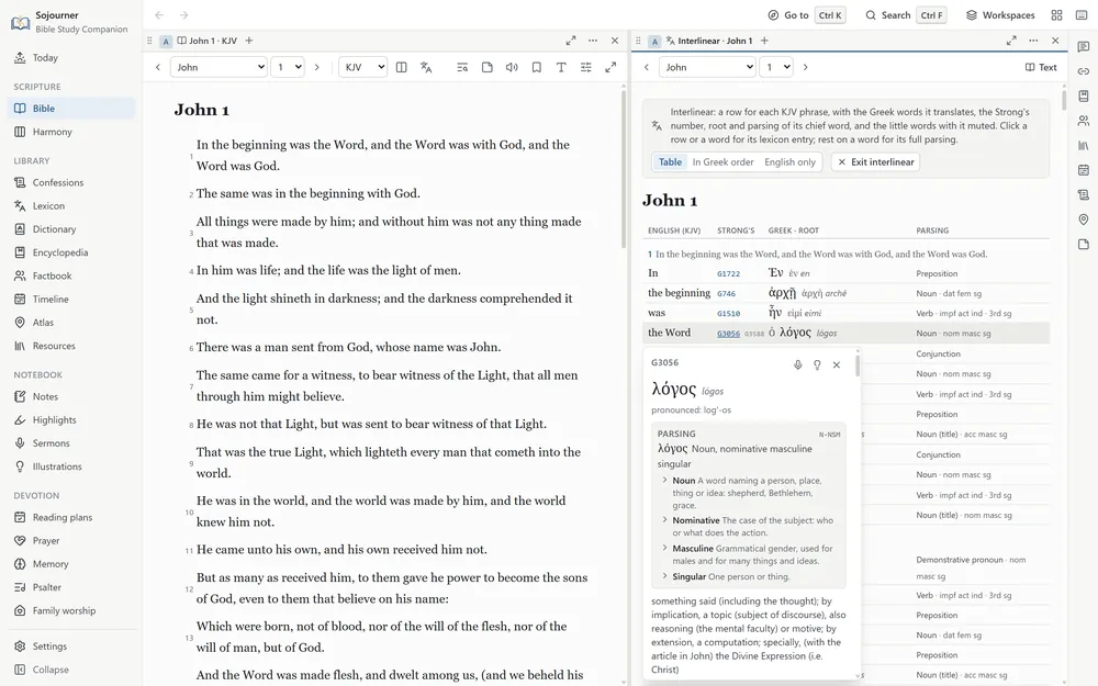 The interlinear for John 1 with the card for G3056, logos, opened from the row for the Word. Its Parsing section reads Noun, nominative masculine singular, and explains each term beneath. A noun names a person, place, thing or idea, the nominative is the case of the subject, masculine is the grammatical gender, and singular means one. Strong&rsquo;s definition follows below.
