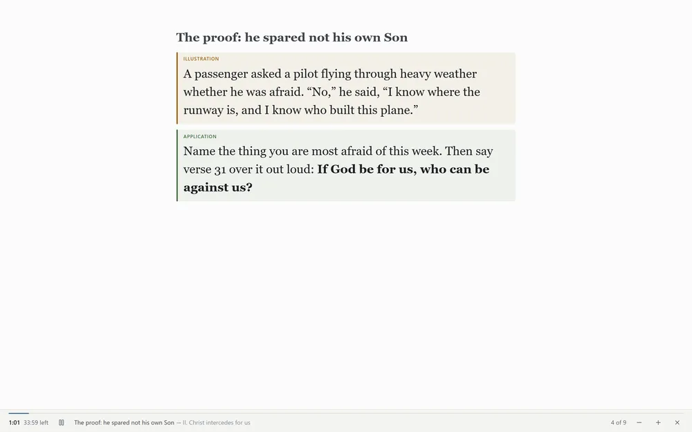 Preaching mode, full screen, at the fourth part, The proof, he spared not his own Son. Its illustration block, shaded tan, and its application block, shaded green, are set in large type. A bar along the foot shows one minute and one second preached and thirty-three minutes and fifty-nine seconds left, the part you are on and the next point, Christ intercedes for us, and part 4 of 9.