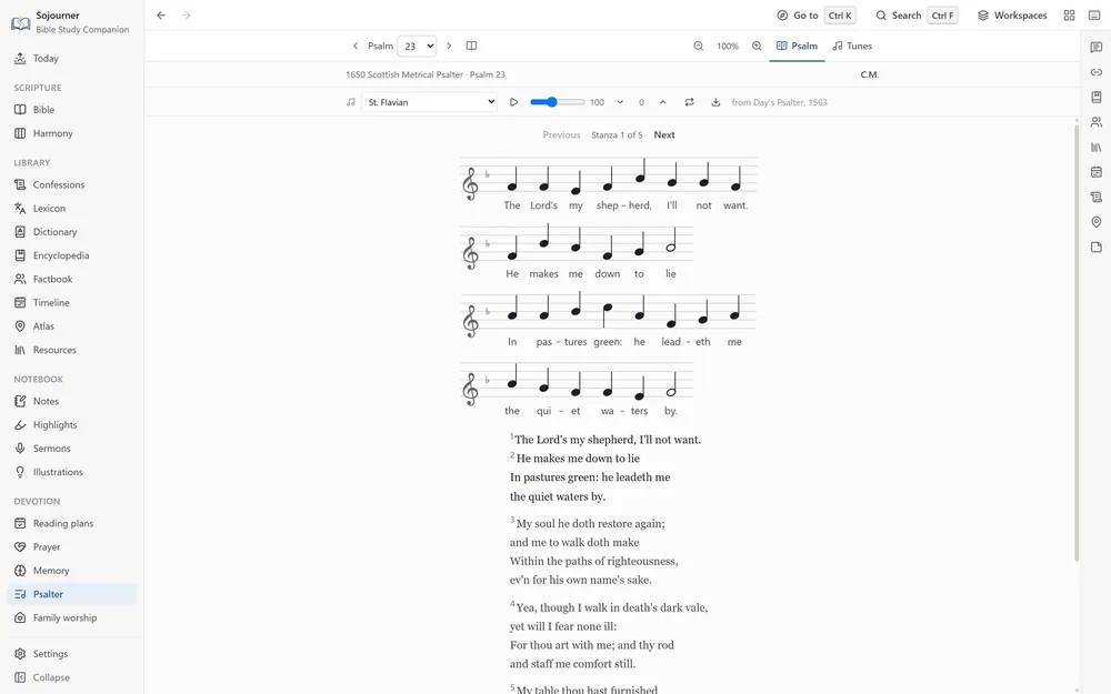 The Psalter page at Psalm 23 in the 1650 Scottish Metrical Psalter, set to St. Flavian from Day&rsquo;s Psalter of 1563. The first stanza, The Lord&rsquo;s my shepherd, I&rsquo;ll not want, is written under the notes, with controls above to play it, set the speed, and step through the five stanzas. The whole psalm follows below, and buttons at the top zoom the page and switch between Psalm and Tunes.
