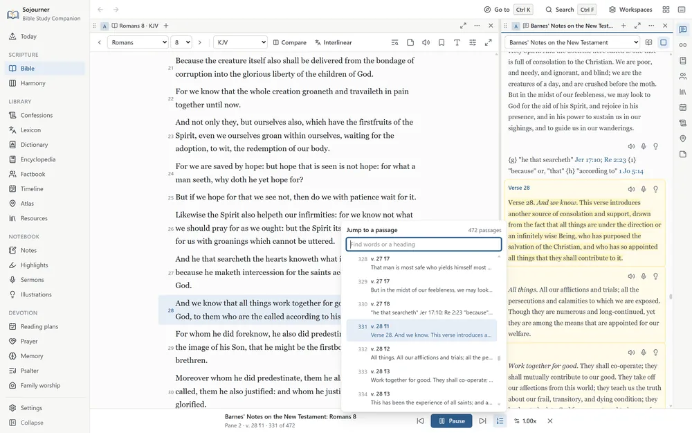 Romans 8 in the King James beside Barnes&rsquo; Notes on the New Testament, which is being read aloud. The note on verse 28 is lit up as the voice reads it. The player bar at the foot shows verse 28, paragraph 1, piece 331 of 472, with buttons to pause and skip, and its Jump to a passage list is open, with a box to find words or a heading and each piece of the note listed by verse and paragraph.