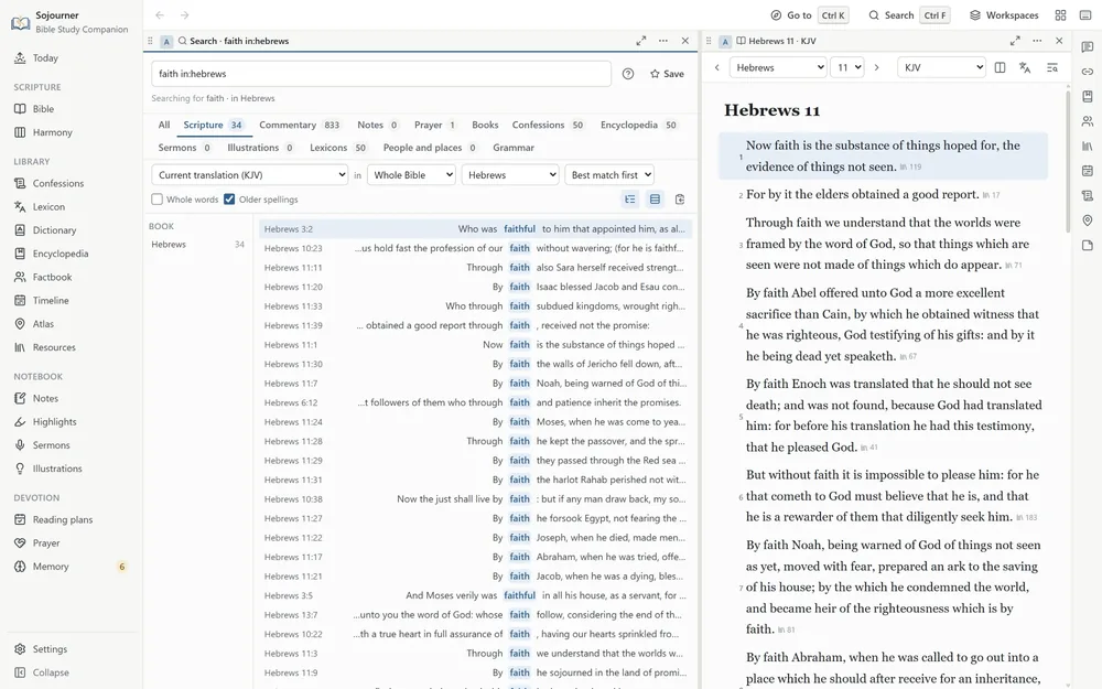 A search for faith with a filter for Hebrews typed into the box. Tabs count what the same search found in Scripture, the commentaries, the confessions, the encyclopedia, the lexicons, and the rest. The thirty-four verses are lined up as a concordance with each match set in one column, and Hebrews 11 is open beside them.