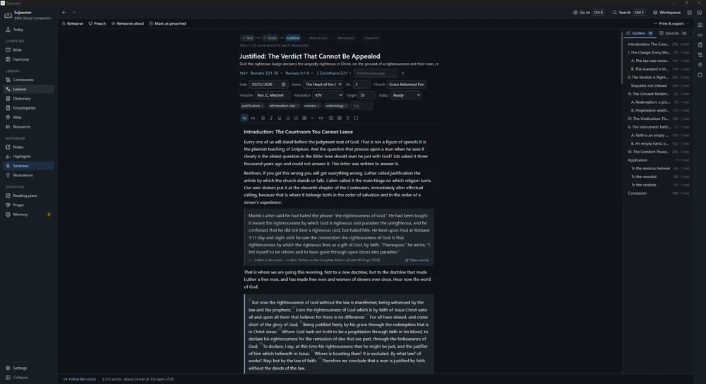 The Sojourner sermon editor with a manuscript open, a six stage preparation track across the top, an outline panel on the right listing each point with its word count and reading time, and a quotation block carrying its source line.