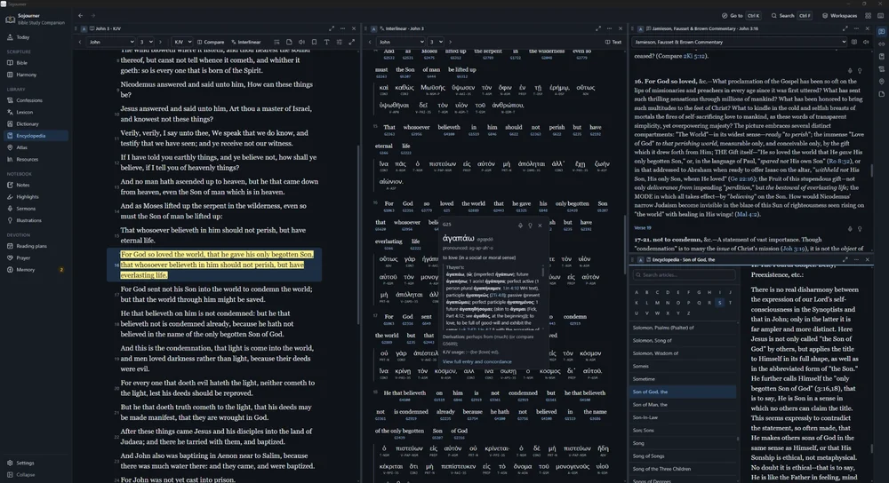 Sojourner showing John 3 in the King James Version with verse 16 highlighted, a Greek interlinear beside it with a Strong&rsquo;s lexicon card open on the word agapao, and the Jamieson, Fausset and Brown commentary on verse 16 in a third pane.