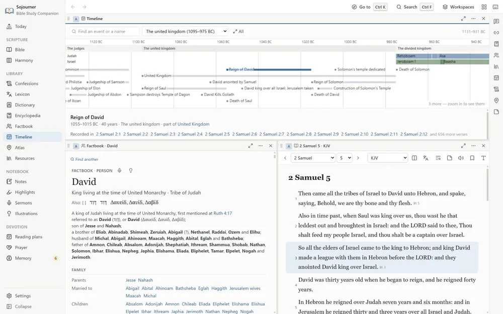 The timeline zoomed to the united kingdom, with the judges before it, the divided kingdom after it, and the kings of Judah and Israel in rows of their own. The reign of David is selected, with the verses that record it. Below, David&rsquo;s page in the Factbook lists his parents, brothers and sisters, wives, and children, and 2 Samuel 5 is open beside it at the verse where the elders anoint him king over Israel.